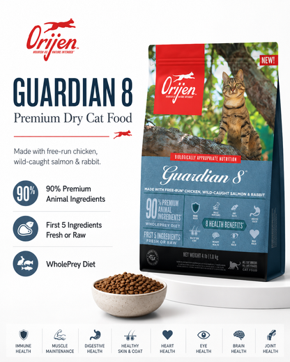 ORIJEN Guardian 8 premium dry cat food with 90% animal ingredients and WholePrey diet