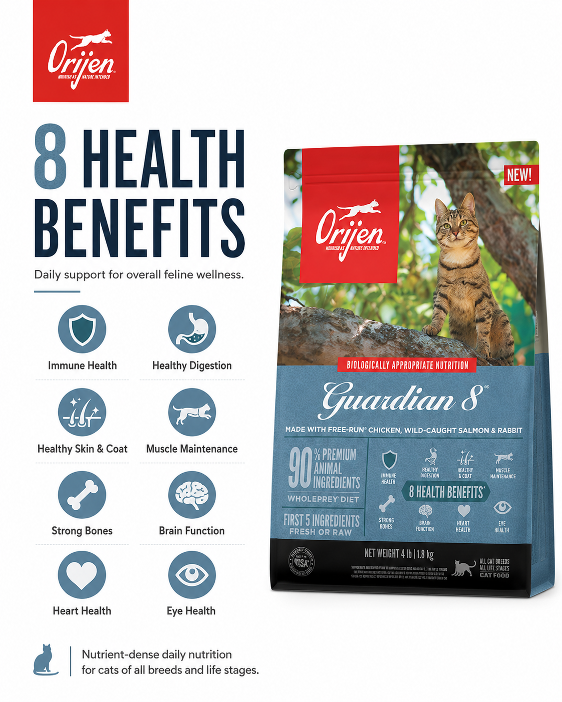 ORIJEN Guardian 8 dry cat food with 8 health benefits for daily feline wellness