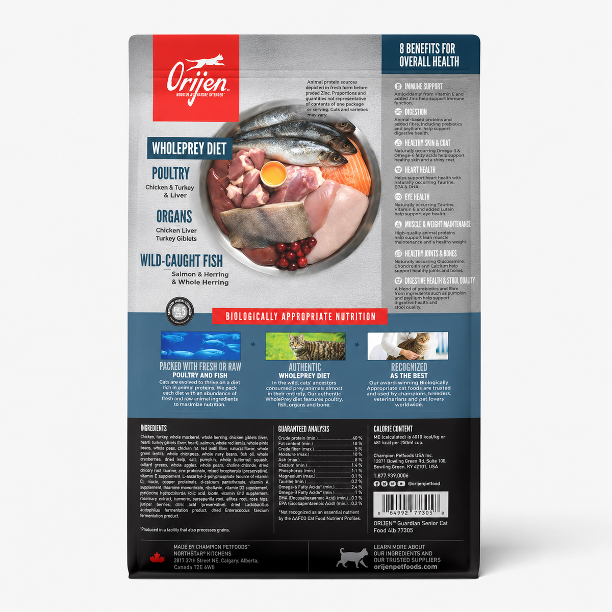 ORIJEN Guardian Senior dry cat food back label with WholePrey diet ingredients and 8 health benefits