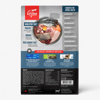 ORIJEN Guardian Senior dry cat food back label with WholePrey diet ingredients and 8 health benefits