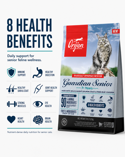 ORIJEN Guardian Senior dry cat food with 8 health benefits for senior feline wellness