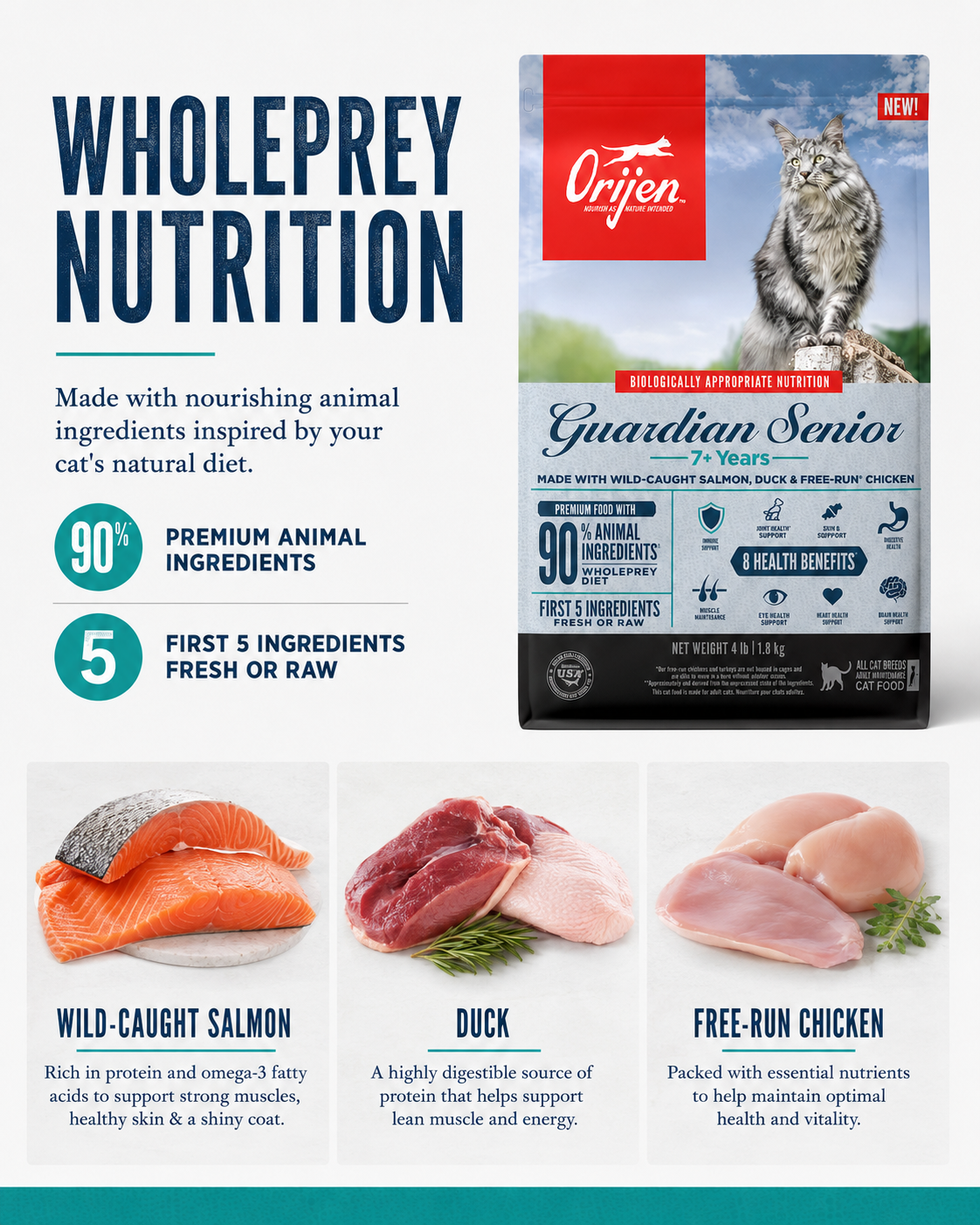 ORIJEN Guardian Senior WholePrey dry cat food with wild-caught salmon, duck and free-run chicken