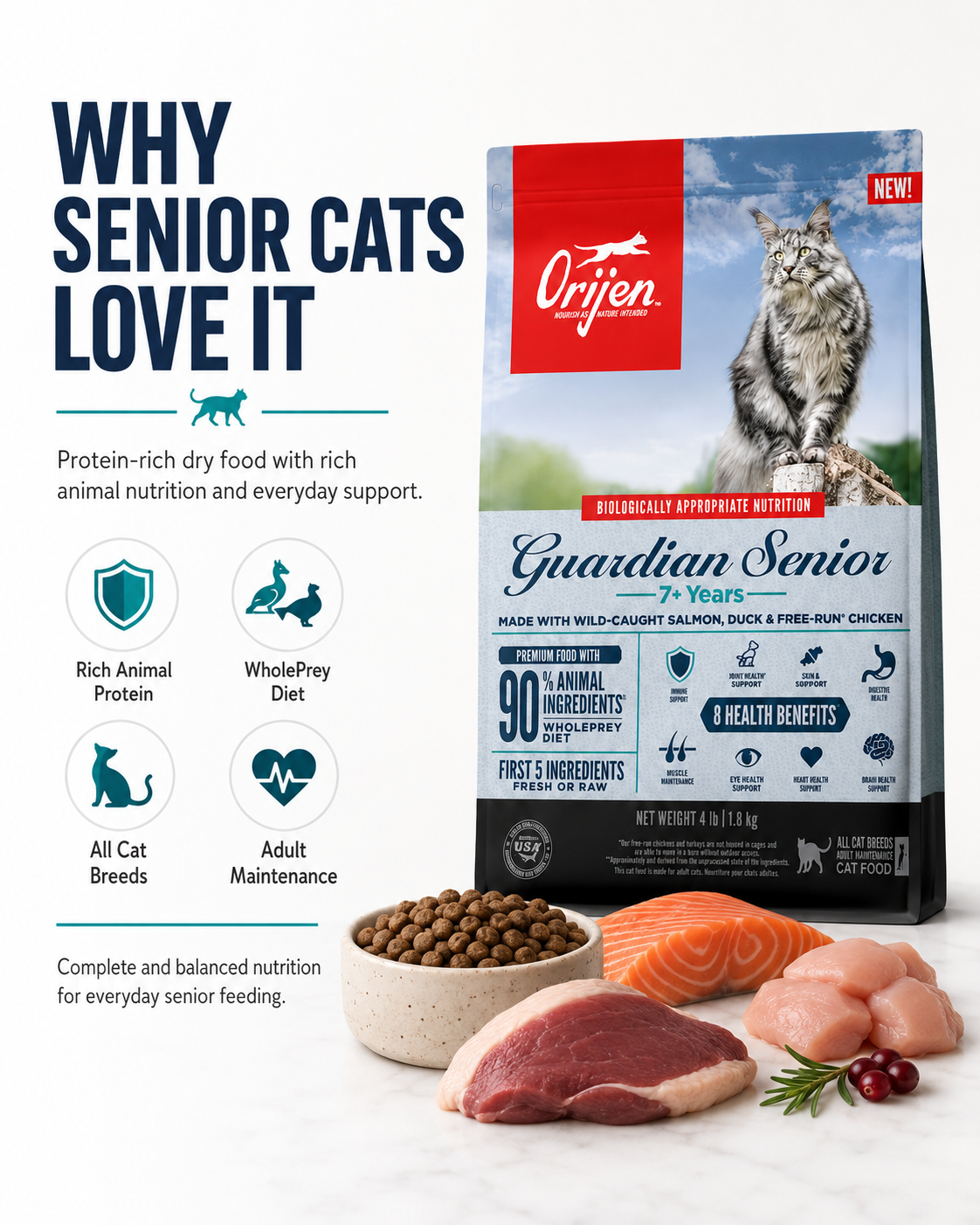 ORIJEN Guardian Senior dry cat food for senior cats with rich animal protein and balanced nutrition