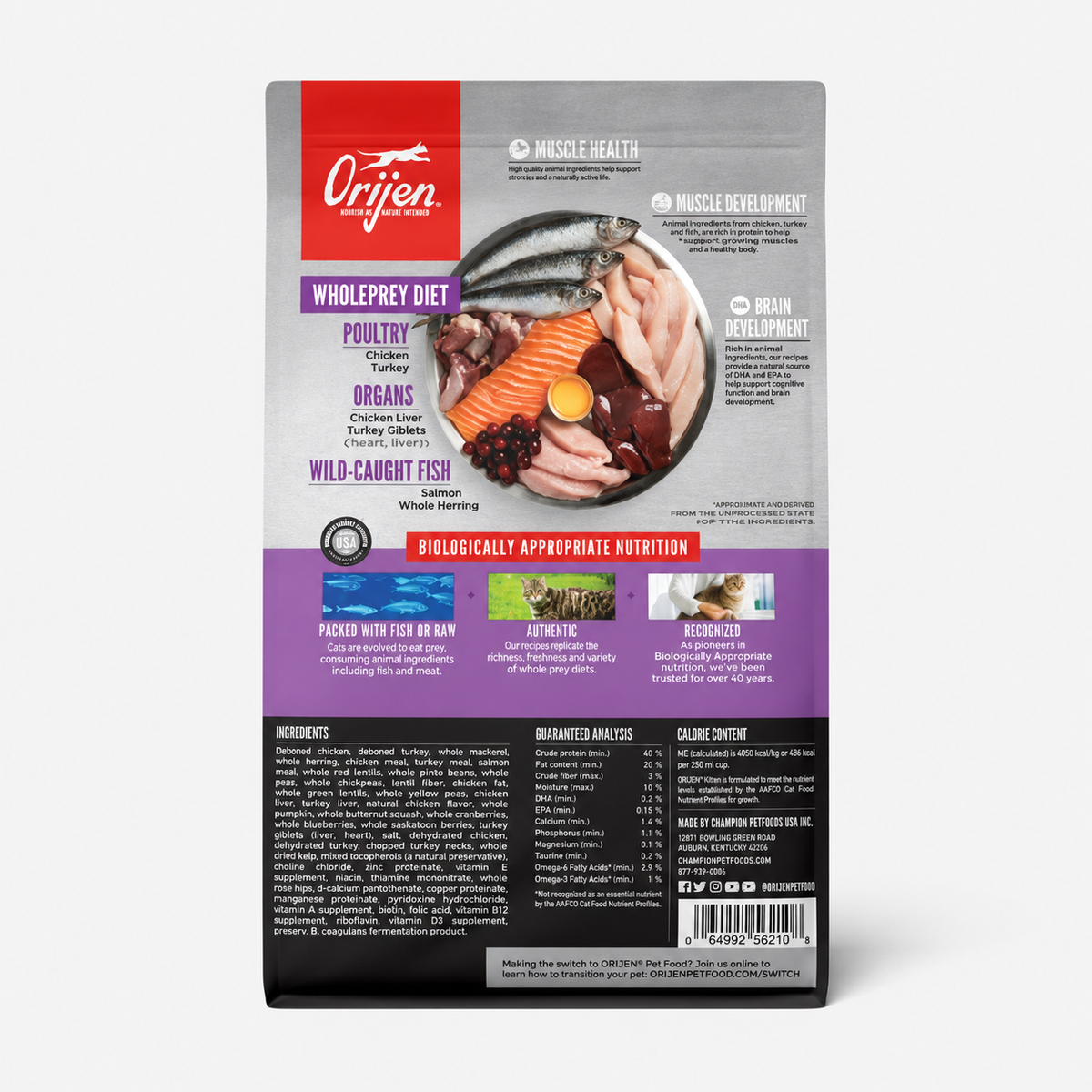 ORIJEN Kitten dry cat food back label showing WholePrey diet ingredients and guaranteed analysis
