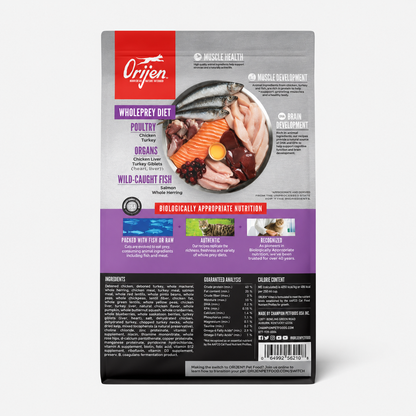 ORIJEN Kitten dry cat food back label showing WholePrey diet ingredients and guaranteed analysis