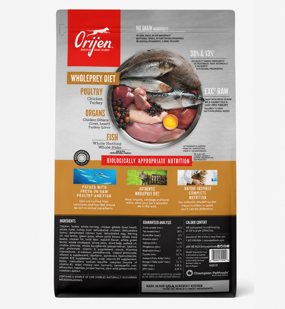 ORIJEN Original Cat dry cat food back label with WholePrey diet ingredients and nutritional information