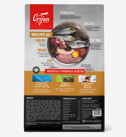 ORIJEN Original Cat dry cat food back label with WholePrey diet ingredients and nutritional information