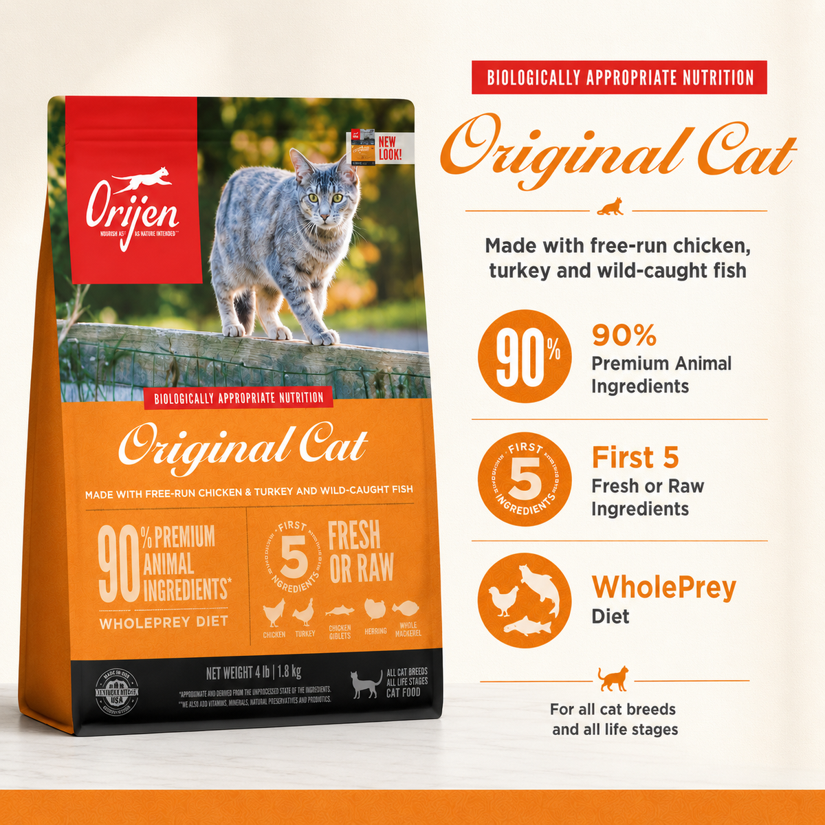 Orijen Original Cat dry cat food packaging with free-run chicken turkey and wild-caught fish featuring 90 percent premium animal ingredients and WholePrey diet nutrition for all life stages cats