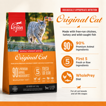 Orijen Original Cat dry cat food packaging with free-run chicken turkey and wild-caught fish featuring 90 percent premium animal ingredients and WholePrey diet nutrition for all life stages cats