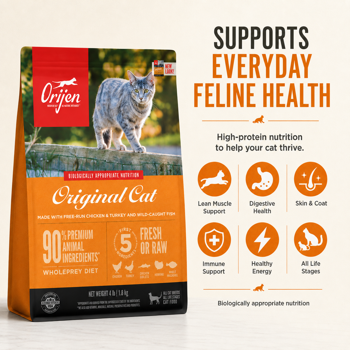 Orijen Original Cat dry food benefits supporting everyday feline health including immune support digestive health skin and coat health strong muscles and healthy energy for cats