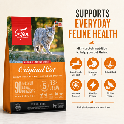 Orijen Original Cat dry food benefits supporting everyday feline health including immune support digestive health skin and coat health strong muscles and healthy energy for cats