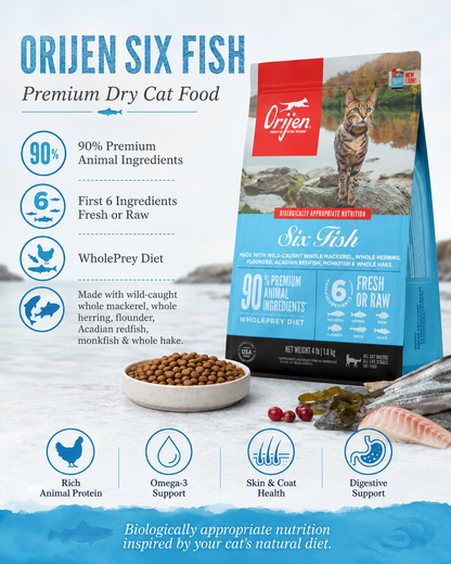ORIJEN Six Fish premium dry cat food with 90% animal ingredients and WholePrey diet