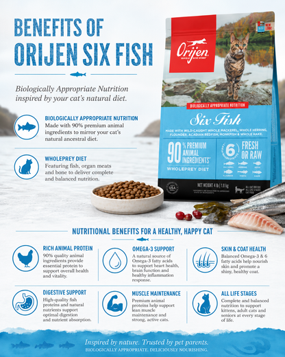 ORIJEN Six Fish dry cat food benefits with omega-3 support, skin and coat health, and digestive support