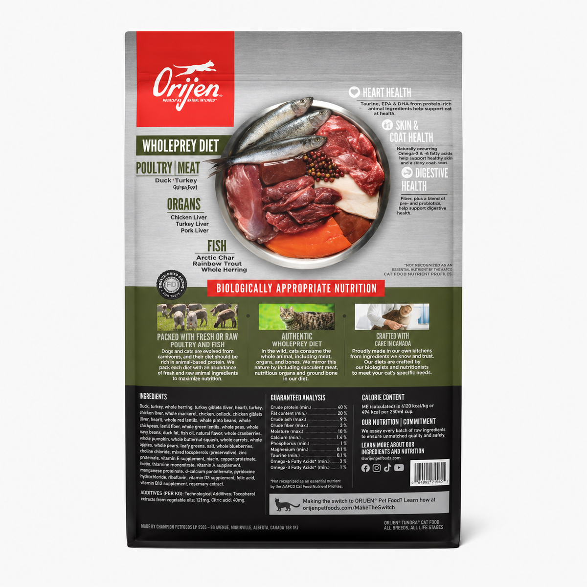 Orijen Tundra dry cat food back packaging showing WholePrey diet poultry meat organs and fish ingredients with heart health skin and coat health digestive health benefits and guaranteed analysis for cats