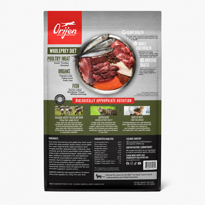 Orijen Tundra dry cat food back packaging showing WholePrey diet poultry meat organs and fish ingredients with heart health skin and coat health digestive health benefits and guaranteed analysis for cats