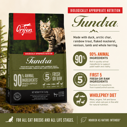 Orijen Tundra dry cat food packaging with duck arctic char rainbow trout flaked mackerel venison lamb and whole herring featuring 90 percent animal ingredients WholePrey diet and biologically appropriate nutrition for cats