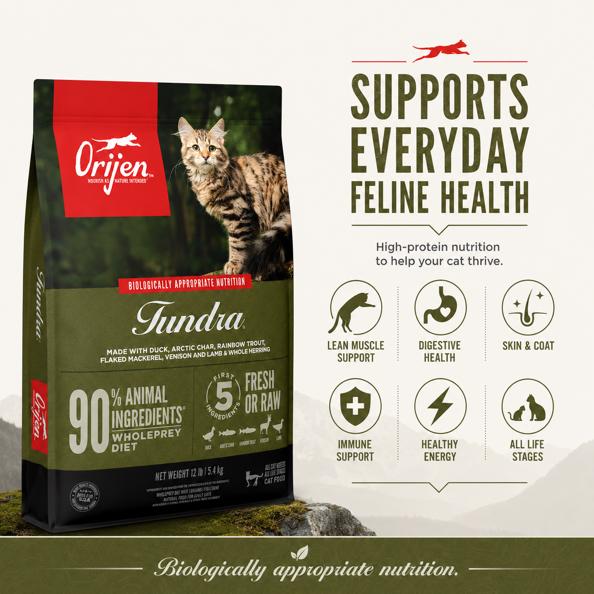Orijen Tundra dry cat food supports everyday feline health with lean muscle support digestive health skin and coat health immune support healthy energy and all life stage nutrition