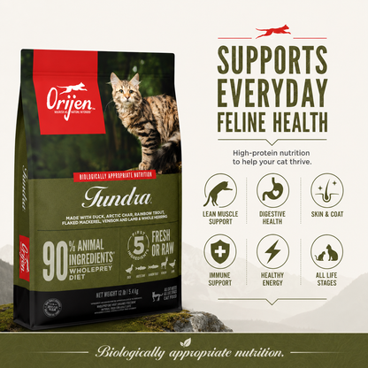 Orijen Tundra dry cat food supports everyday feline health with lean muscle support digestive health skin and coat health immune support healthy energy and all life stage nutrition
