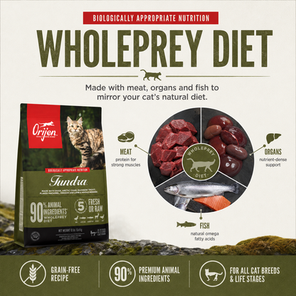 Orijen Tundra WholePrey diet cat food made with meat organs and fish to mirror a natural feline diet with grain free recipe 90 percent premium animal ingredients and nutrition for all cat breeds and life stages