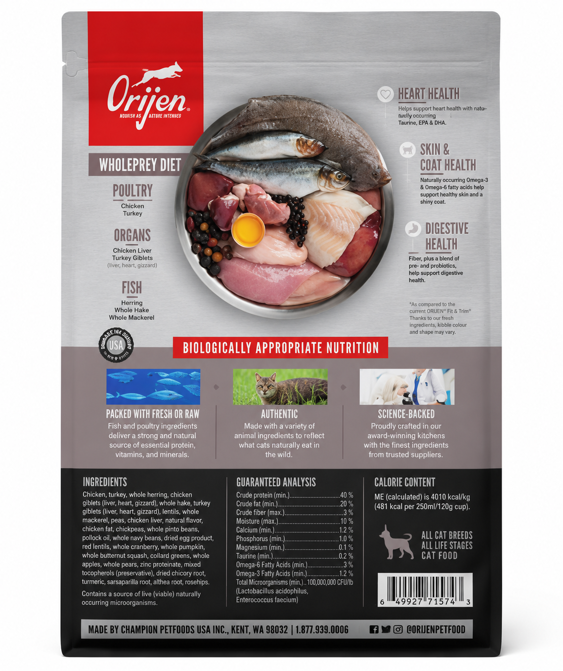 Orijen Fit and Trim dry cat food back packaging showing WholePrey diet poultry organs and fish ingredients with heart health skin and coat health digestive health benefits guaranteed analysis and feeding information for cats
