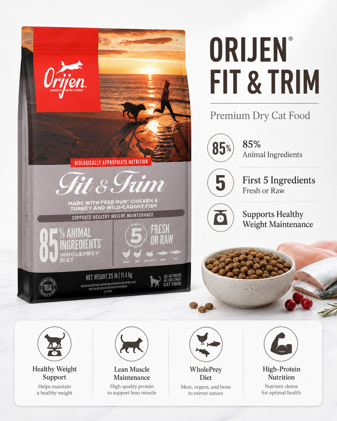 ORIJEN Fit & Trim premium dry cat food with 85% animal ingredients for healthy weight maintenance