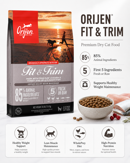 ORIJEN Fit & Trim premium dry cat food with 85% animal ingredients for healthy weight maintenance