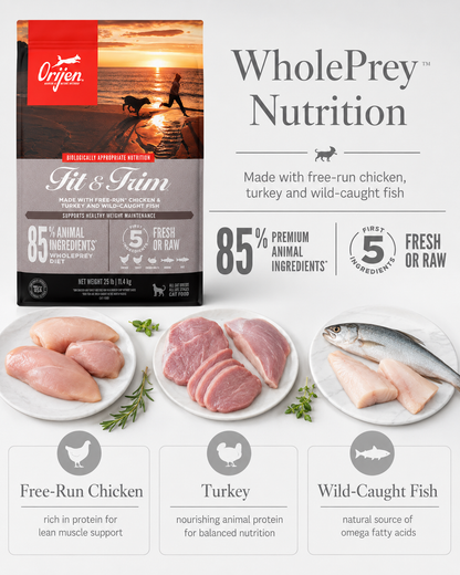 ORIJEN Fit & Trim WholePrey dry cat food with free-run chicken, turkey and wild-caught fish