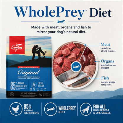Orijen Original WholePrey diet dog food made with meat organs and fish to mirror a natural canine diet with 85 percent animal ingredients for all dog breeds