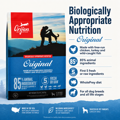 Orijen Original dry dog food biologically appropriate nutrition with free-run chicken turkey wild-caught fish 85 percent animal ingredients and WholePrey diet for all life stages
