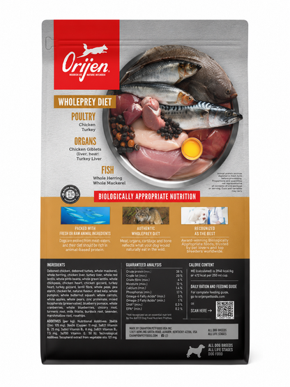Orijen Puppy dog food back of pack showing WholePrey diet with chicken turkey fish organs raw ingredients and biologically appropriate nutrition