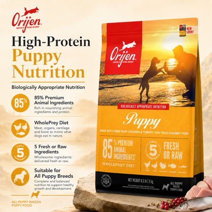 Orijen Puppy dog food back of pack ingredients panel showing WholePrey diet with fish chicken turkey and organ nutrition