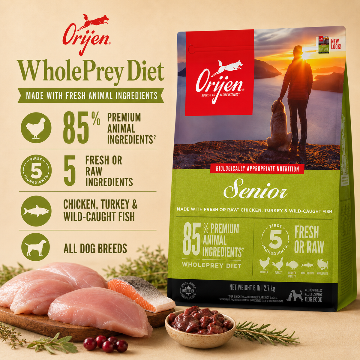 Natural whole food dog food advertisement showing fresh animal ingredients raw protein and biologically appropriate nutrition concept