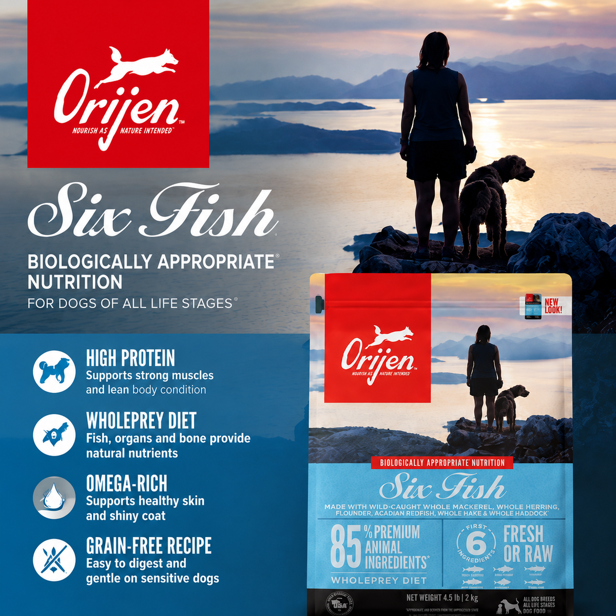 Orijen dog food nutritional infographic showing biologically appropriate WholePrey diet with fresh meat vegetables and balanced animal protein formula