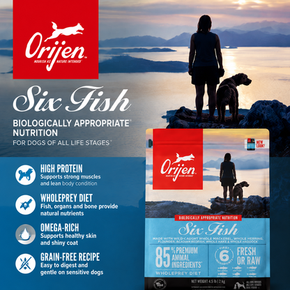 Orijen dog food nutritional infographic showing biologically appropriate WholePrey diet with fresh meat vegetables and balanced animal protein formula