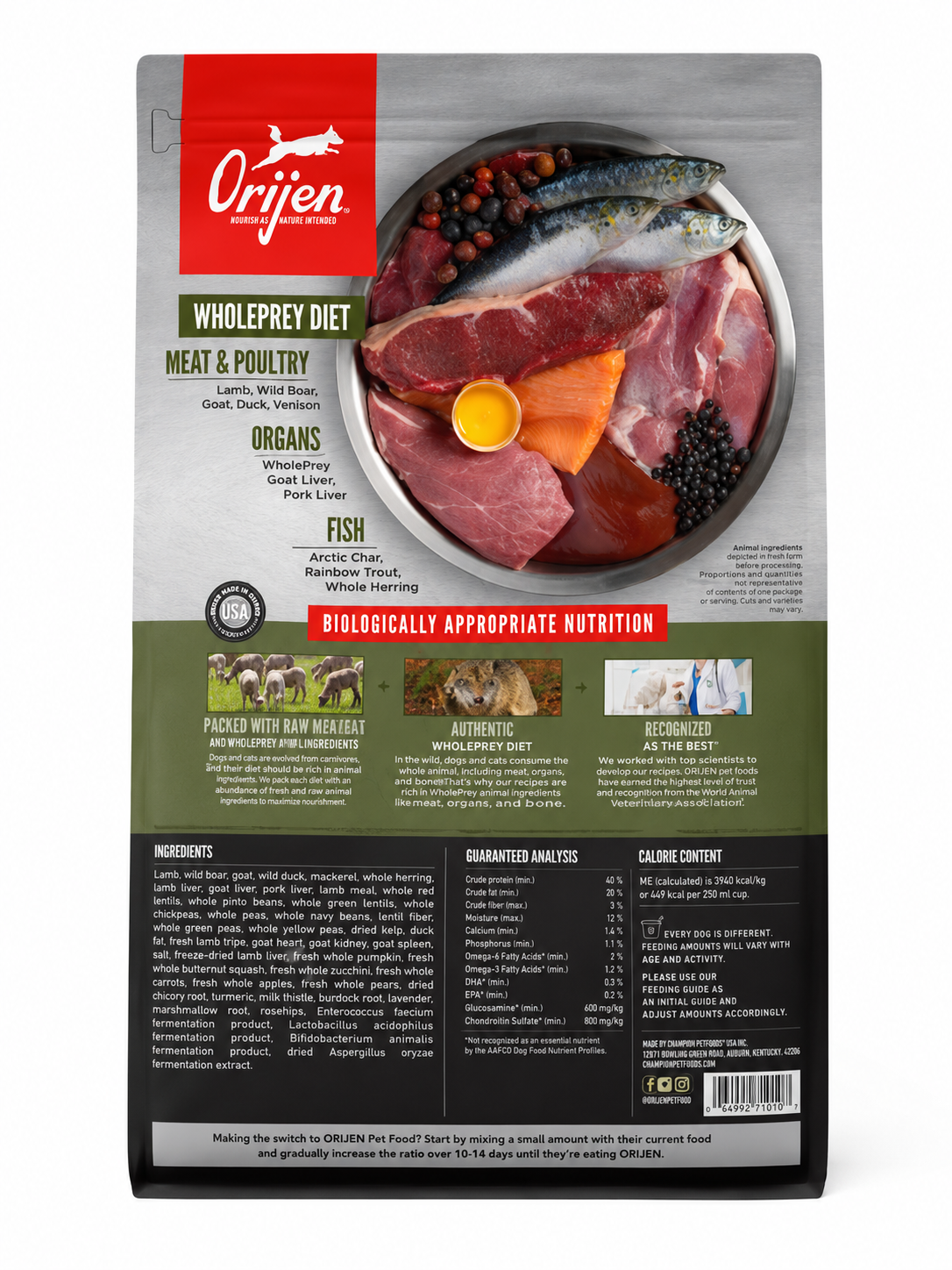 Orijen Tundra dog food ingredients showing lamb venison duck goat fish and WholePrey nutrition high protein grain free biologically appropriate formula