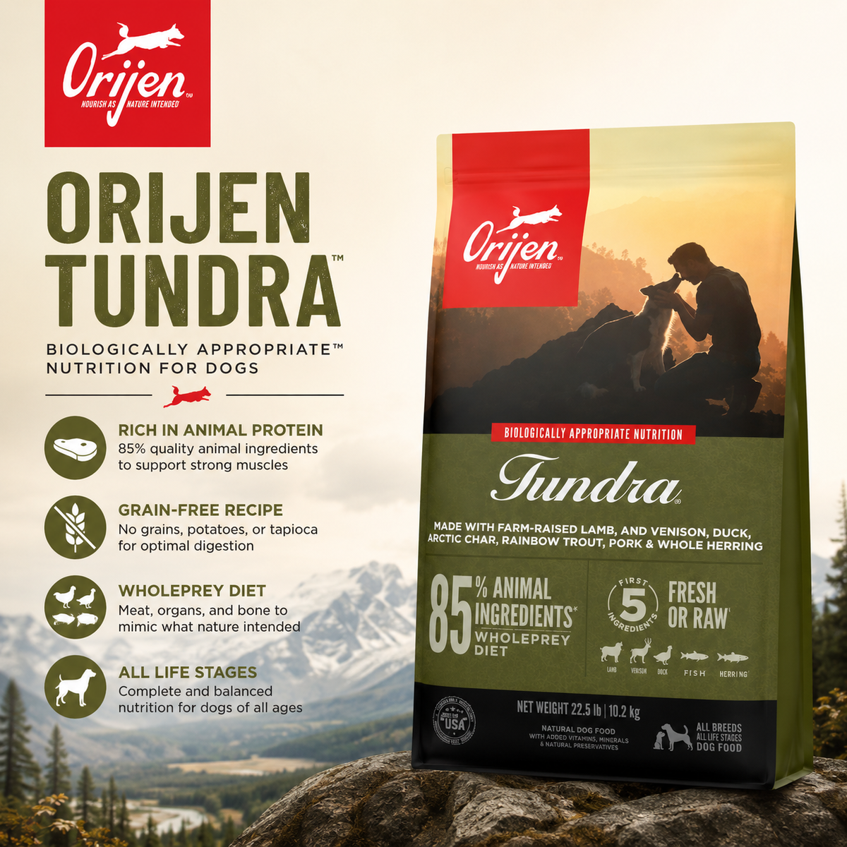 Orijen Tundra dog food bag front packaging with mountain sunset scene and dog biologically appropriate high protein grain free nutrition for dogs