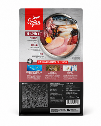 Orijen Small Breed dry dog food back packaging showing WholePrey ingredients, nutrition details and feeding guide