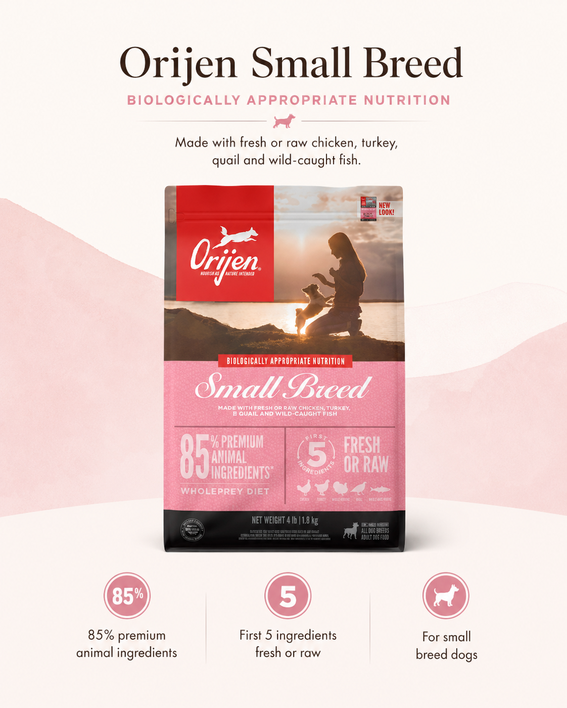 Orijen Small Breed dry dog food with 85% premium animal ingredients for small breed dogs