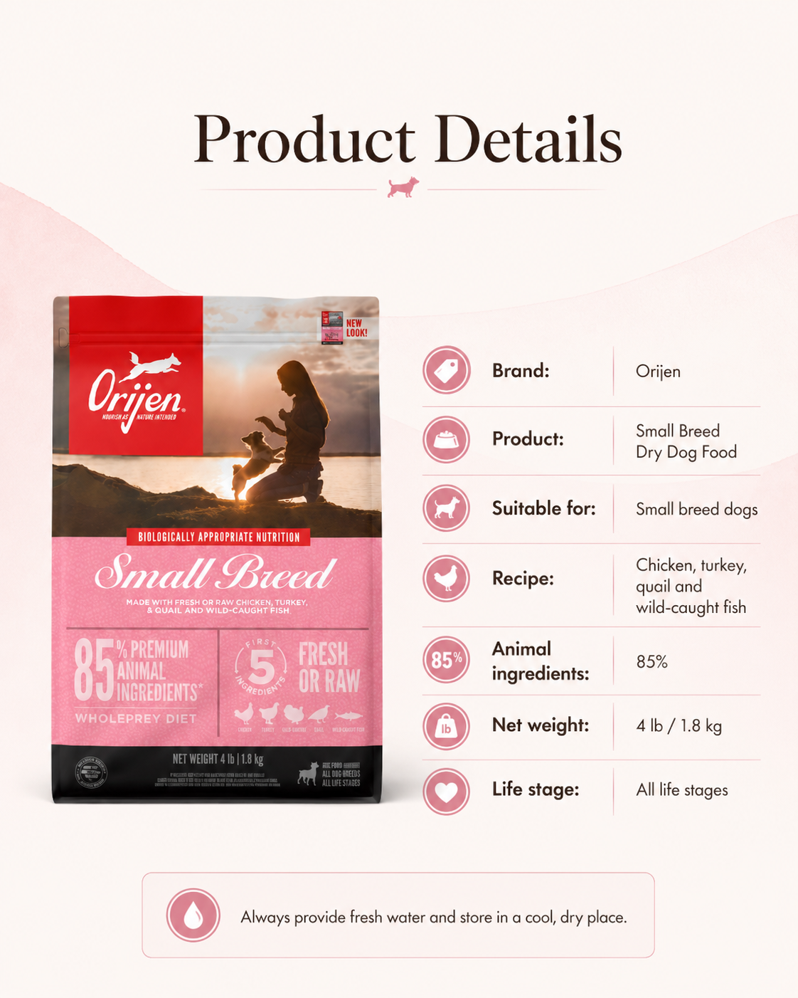 Orijen Small Breed dry dog food product details showing 4 lb bag for all life stages