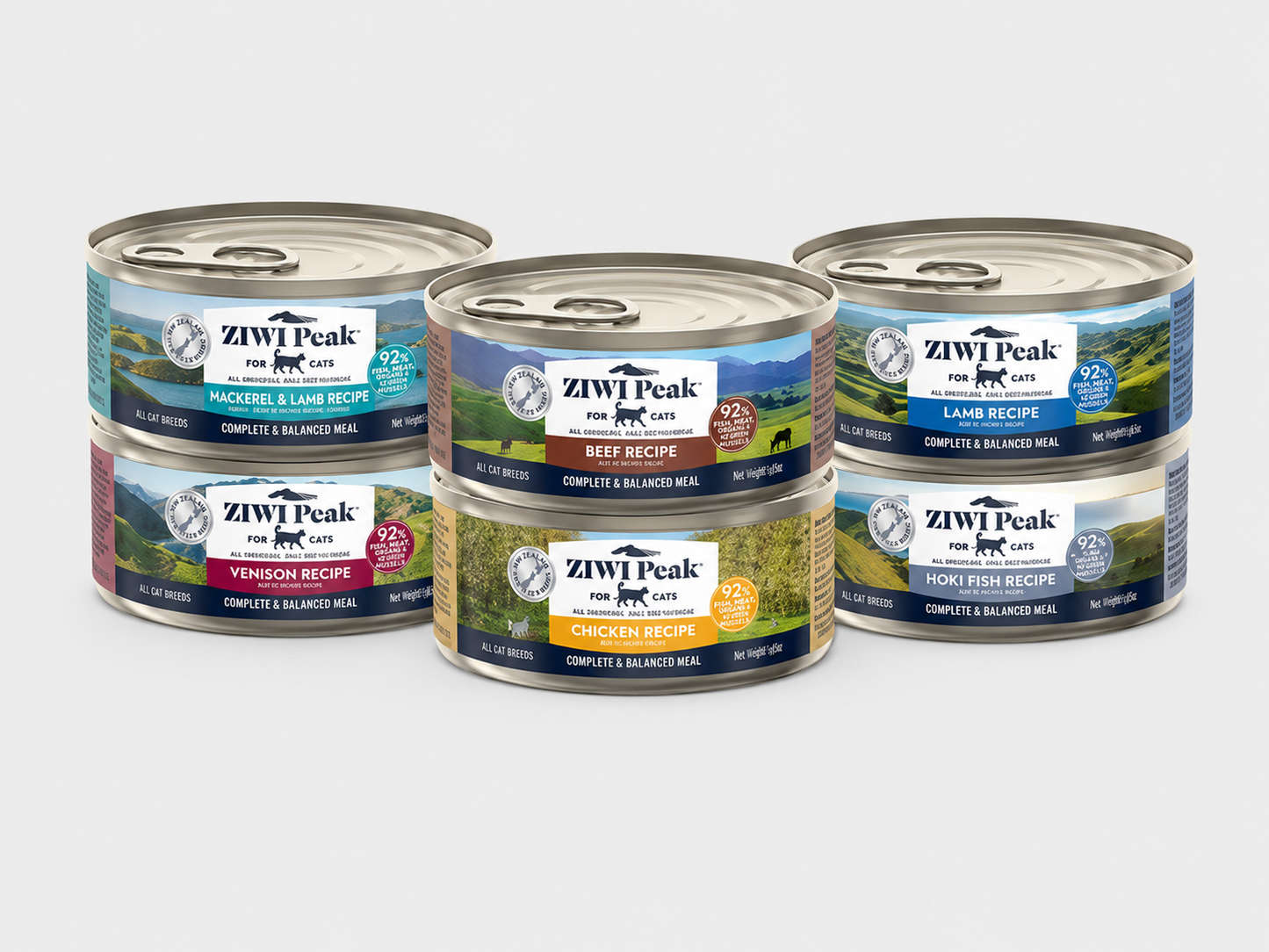 ZIWI Peak canned wet cat food assortment with chicken beef lamb fish and venison recipes.