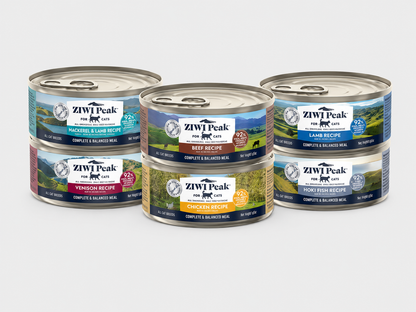 ZIWI Peak canned wet cat food assortment with chicken beef lamb fish and venison recipes.