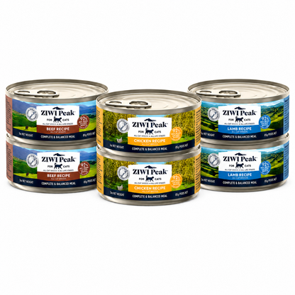 ZIWI Peak canned wet cat food assortment with chicken lamb and beef recipes
