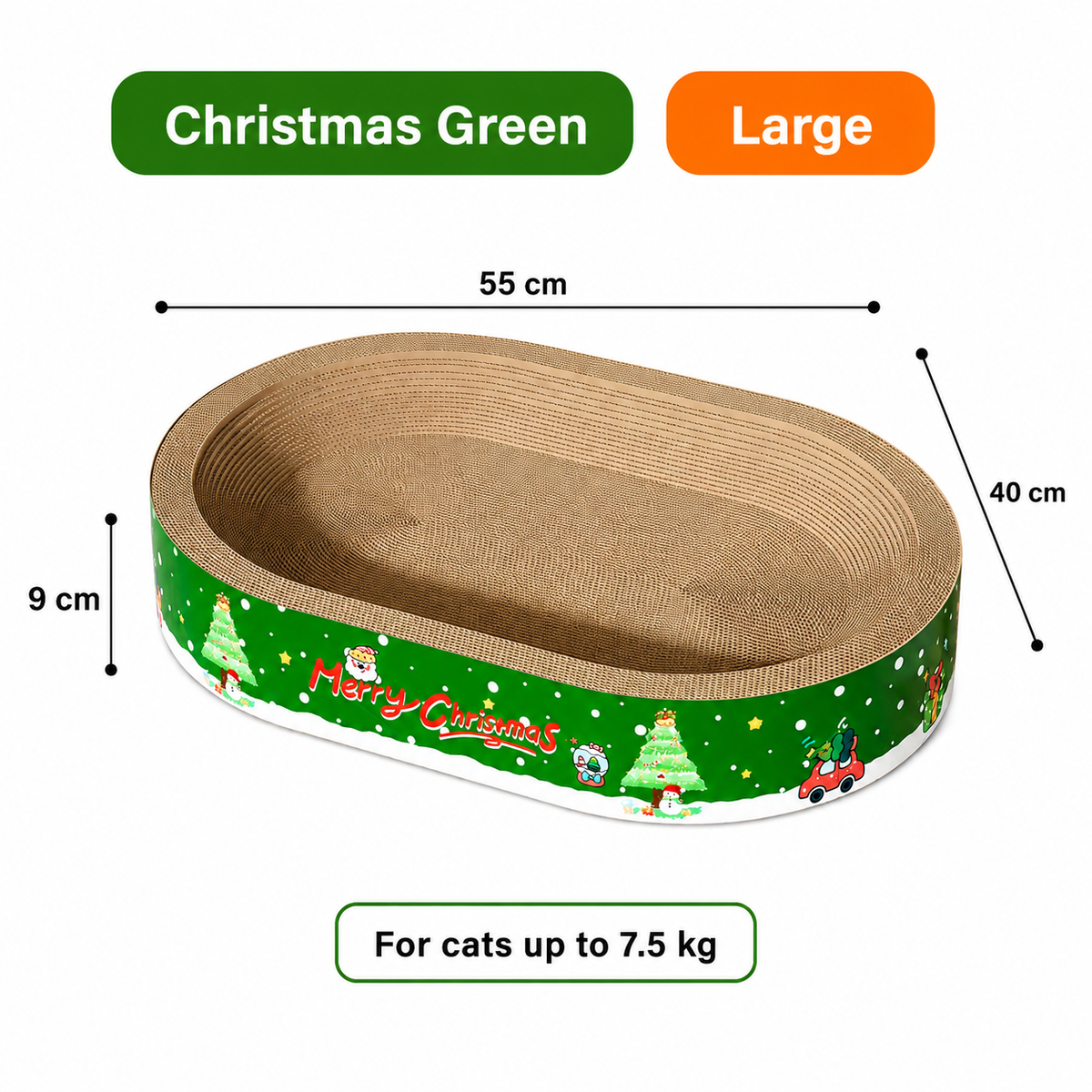 Large Christmas cat scratcher bed measuring 55 x 40 x 9 cm for cats up to 7.5 kg
