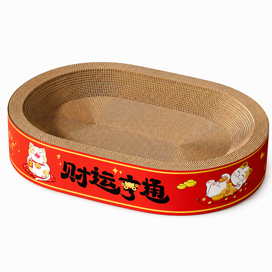 Red lucky cat corrugated cardboard scratcher bed with oval lounge design
