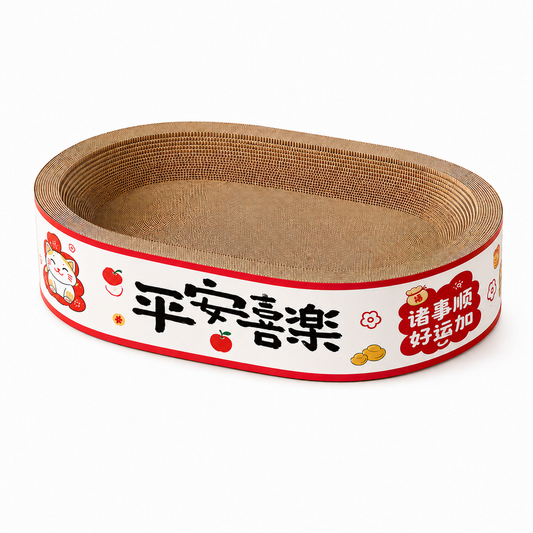 White and red oval corrugated cardboard cat scratcher bed with Peace & Joy design