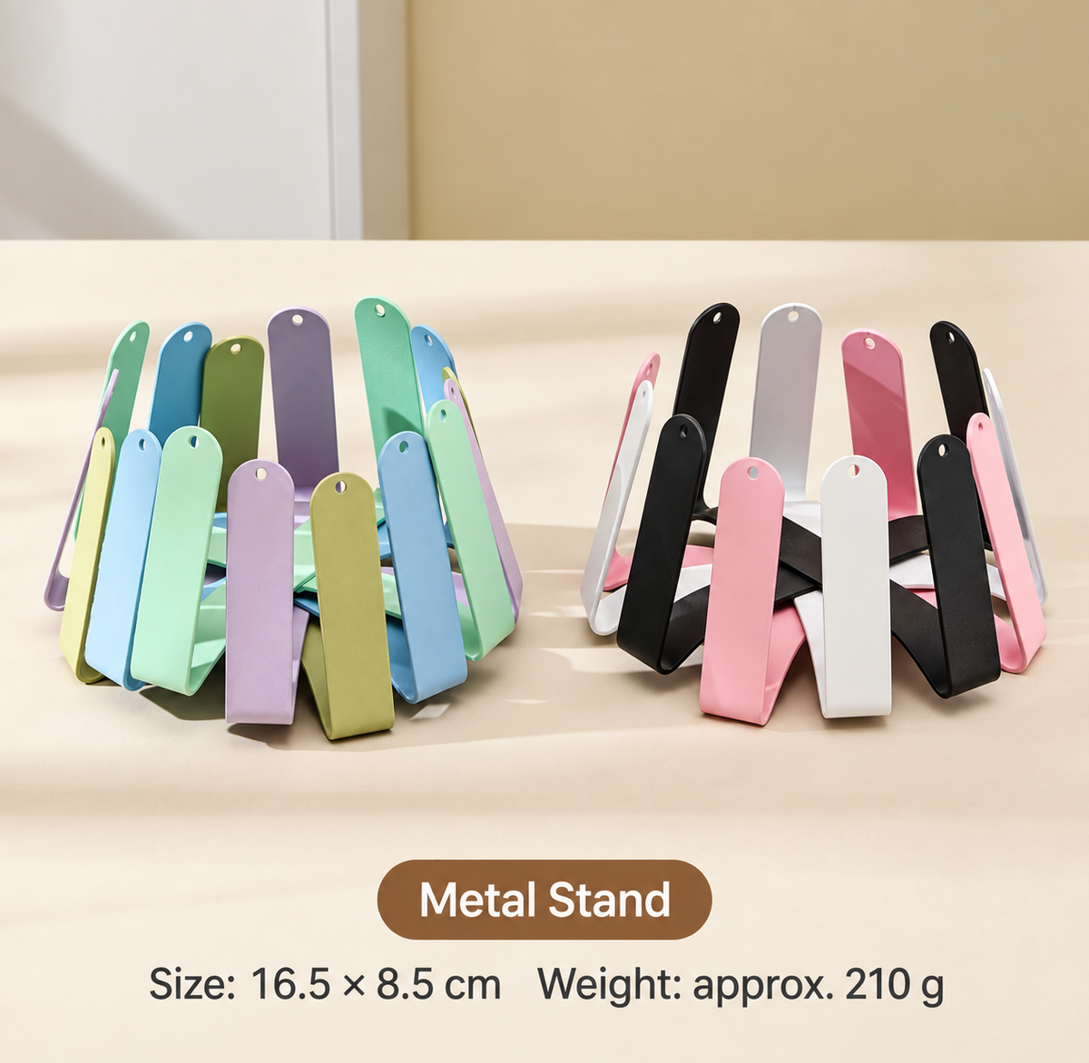 Foldable metal pet bowl stands in assorted pastel and neutral colours