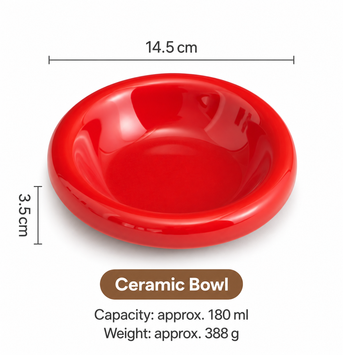 Red ceramic pet bowl measuring 14.5 cm with 180 ml capacity