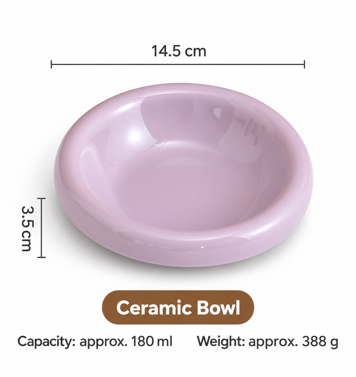 Lavender ceramic pet bowl measuring 14.5 cm with 180 ml capacity