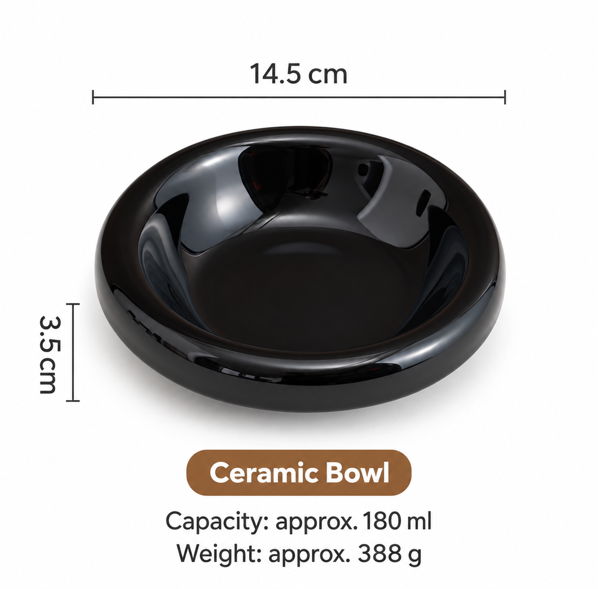 Black ceramic pet bowl measuring 14.5 cm with 180 ml capacity