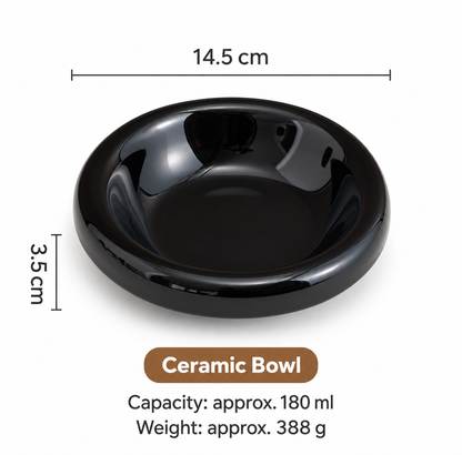 Black ceramic pet bowl measuring 14.5 cm with 180 ml capacity